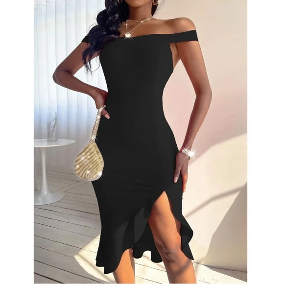 Off Shoulder Black Ruffle Detail Mermaid Dress - Picture 2 of 7